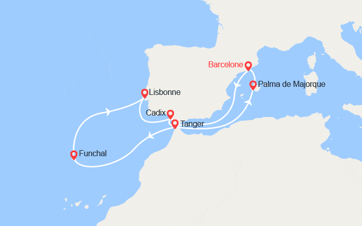 Carte itinéraire croisière Espagne, Maroc, Madère, Portugal, Baléares