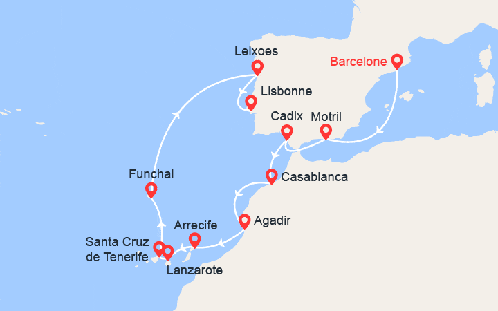 Carte itinéraire croisière Espagne, Maroc, Portugal