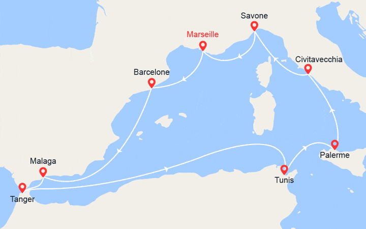 Carte itinéraire croisière Espagne, Maroc, Tunisie, Sicile, Italie