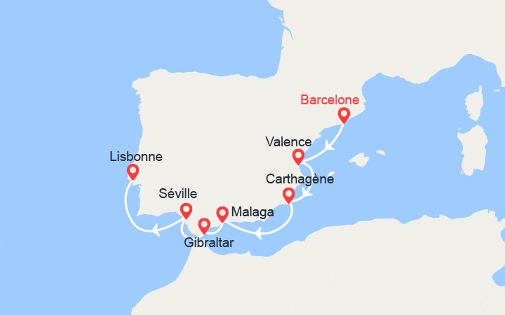 Carte itinéraire croisière Espagne, Royaume-Uni, Portugal