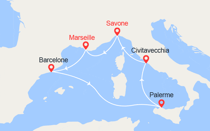 Carte itinéraire croisière Espagne, Sicile, Italie