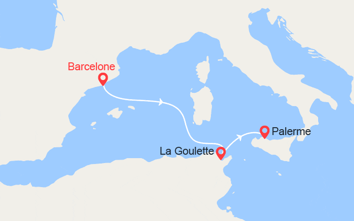 Carte itinéraire croisière Espagne, Tunisie, Italie