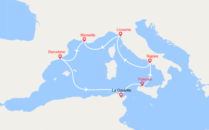 Carte itinéraire croisière Espagne, Tunisie, Italie, France