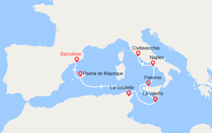Carte itinéraire croisière Espagne, Tunisie, Malte, Italie