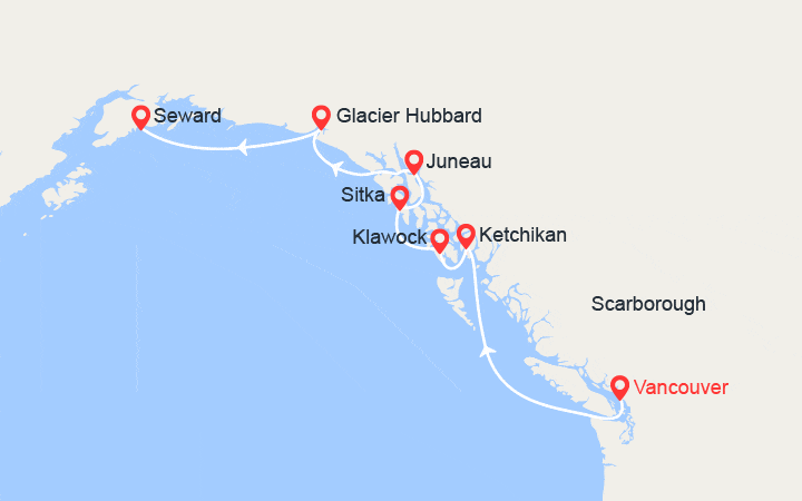 Carte itinéraire croisière États-Unis, Canada : de Vancouver à Seward