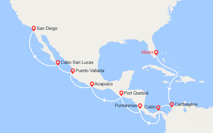 Carte itinéraire croisière États-Unis, Colombie, Panama, Costa Rica, Guatemala, Mexique