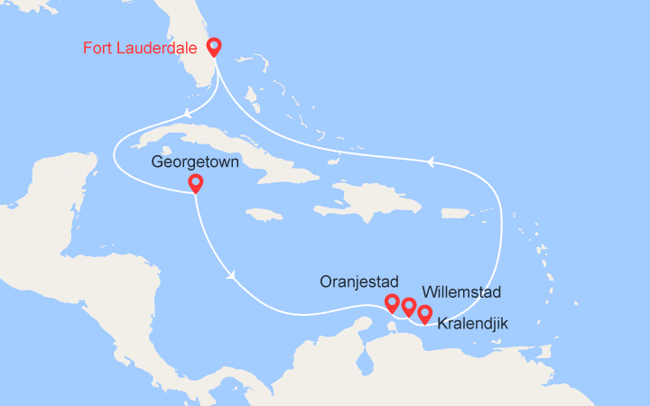 Carte itinéraire croisière Etats-Unis, Iles Caïmans, Aruba, Curacao et Bonaire