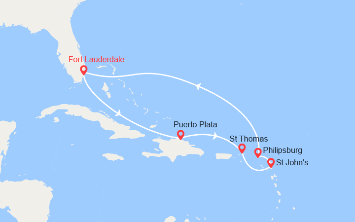Carte itinéraire croisière États-Unis, République Dominicaine, Antigua et Saint-Martin