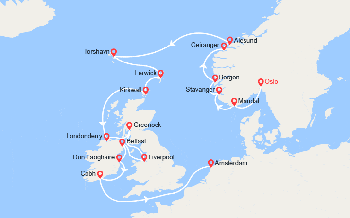 Carte itinéraire croisière Fjords de Norvège et Capitales du Nord