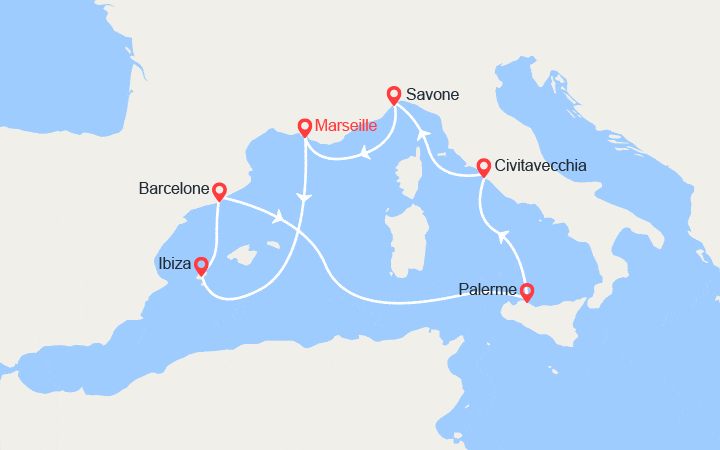 Carte itinéraire croisière France, Baléares, Espagne, Italie
