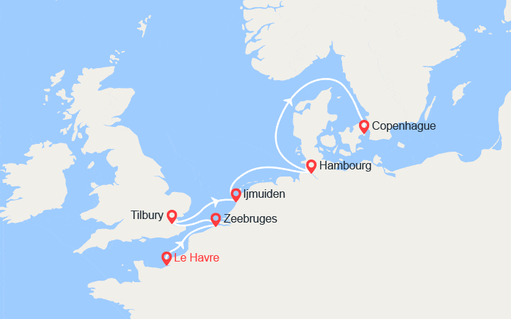 Carte itinéraire croisière France, Belgique, Royaume-Uni, Pays-Bas, Allemagne, Danemark