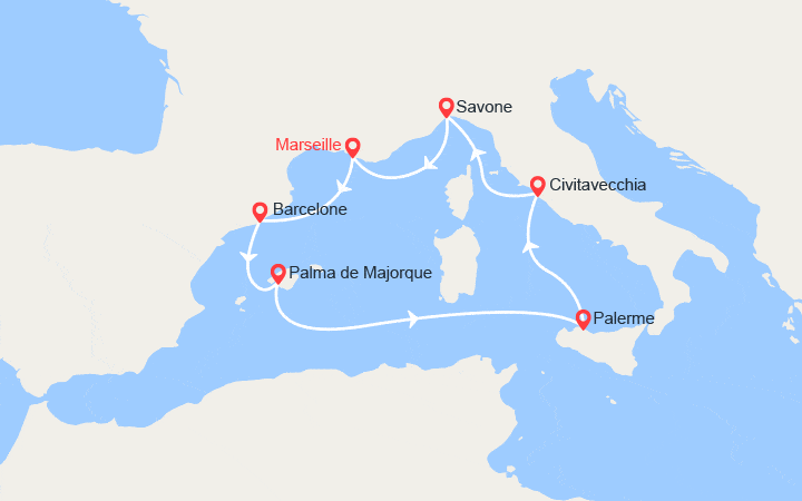 Carte itinéraire croisière France, Espagne, Baléares, Italie