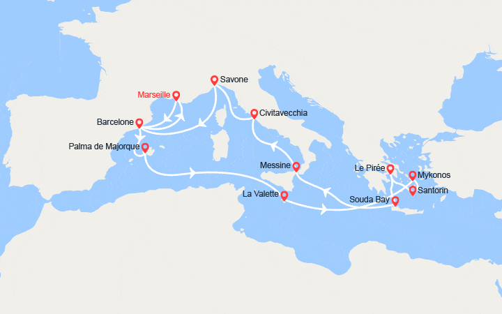 Carte itinéraire croisière France, Espagne, Baléares, Malte, Grèce, Italie