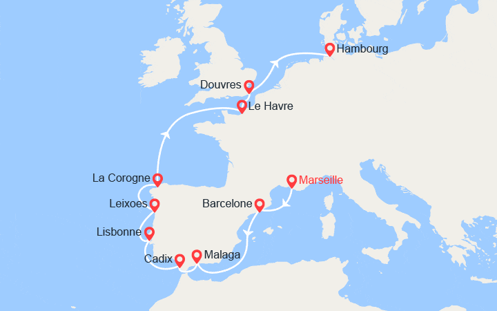 Carte itinéraire croisière France, Espagne, Portugal, Grande-Bretagne, Allemagne