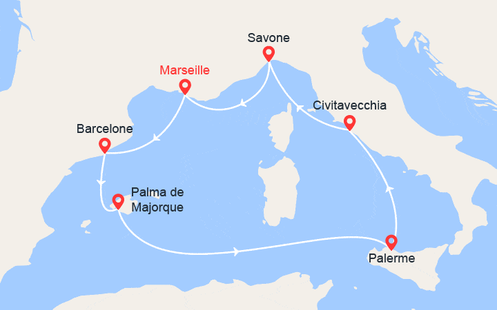 Carte itinéraire croisière France, Espagne, Tunisie, Sicile, Italie