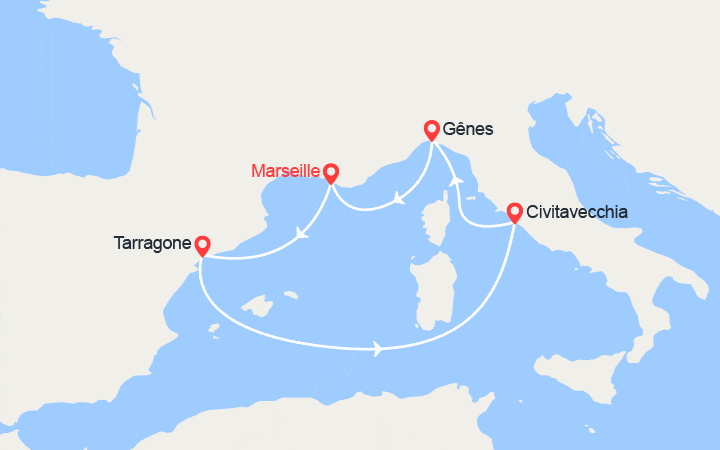 Carte itinéraire croisière France, Italie, Espagne