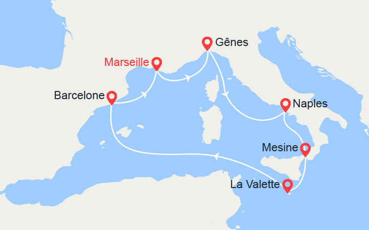 Carte itinéraire croisière France, Italie, Espagne
