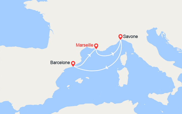 Carte itinéraire croisière France, Italie, Espagne