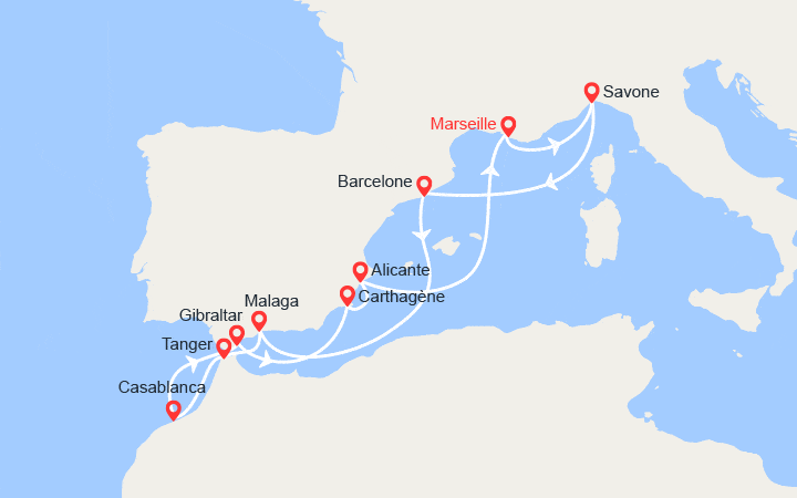 Carte itinéraire croisière France, Italie, Espagne, Maroc, Gibraltar