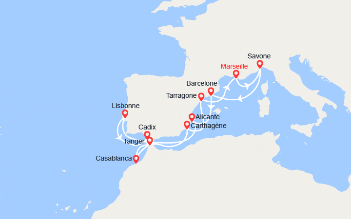 Carte itinéraire croisière France, Italie, Espagne, Portugal, Maroc