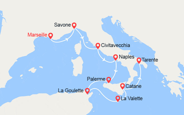 Carte itinéraire croisière France, Italie, Malte