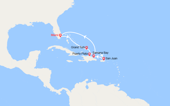 Carte itinéraire croisière Grand Turk, Rép. Dominicaine, Porto Rico