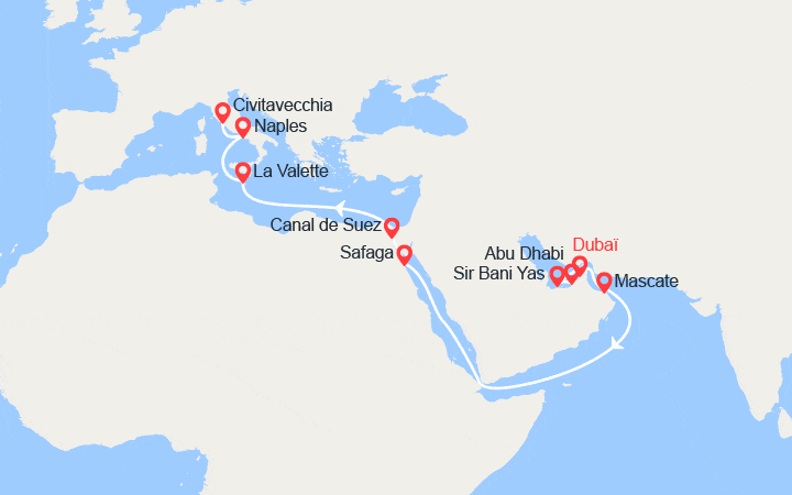 Carte itinéraire croisière Grand Voyage : d'Émirats arabes unis à l'Italie