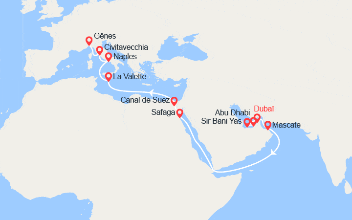 Carte itinéraire croisière Grand Voyage : d'Émirats arabes unis, Malte, Italie