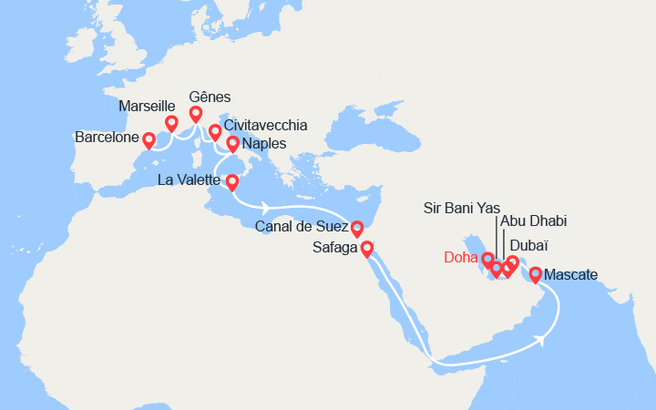 Carte itinéraire croisière Grand Voyage : Émirats arabes unis, Égypte, Malte, Italie, Provence, Espagne