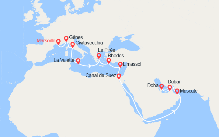 Carte itinéraire croisière Grand Voyage : Italie, Malte, îles Grecques, Chypre, Oman, Qatar, Émirats arabes unis