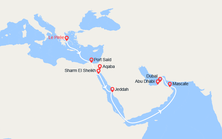 Carte itinéraire croisière Grèce, Egypte, Jordanie, Émirats arabes unis