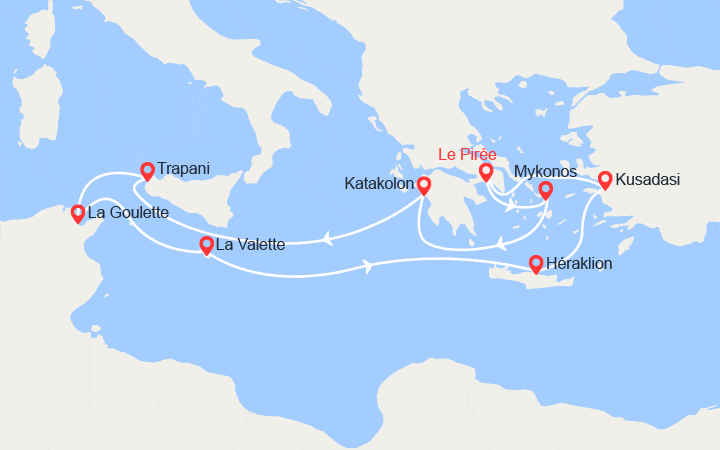 Carte itinéraire croisière Grèce, Italie, Malte, Turquie