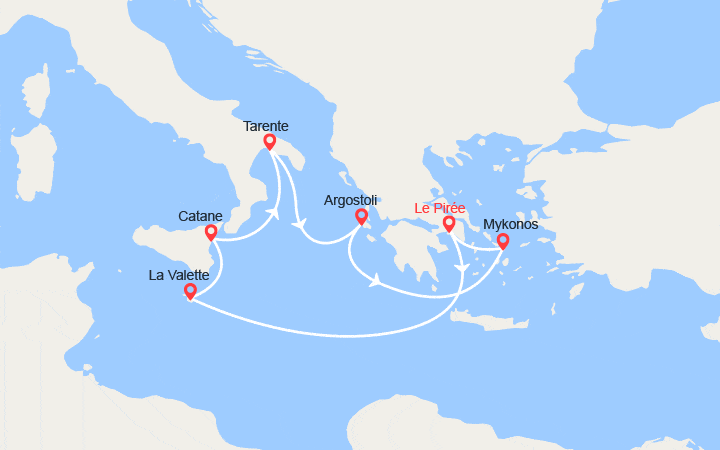 Carte itinéraire croisière Grèce, Malte, Italie