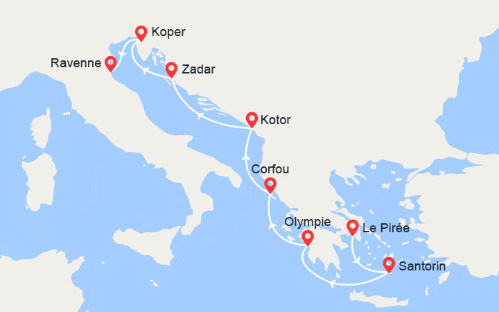 Carte itinéraire croisière Grèce, Monténégro, Croatie, Slovénie, Italie