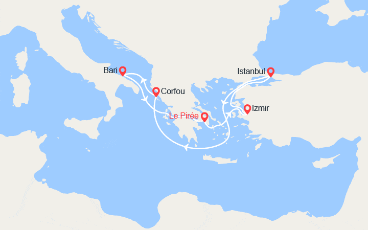 Carte itinéraire croisière Grèce, Turquie & Italie
