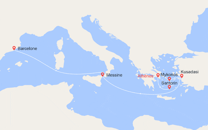 Carte itinéraire croisière Grèce, Turquie, Italie et Espagne