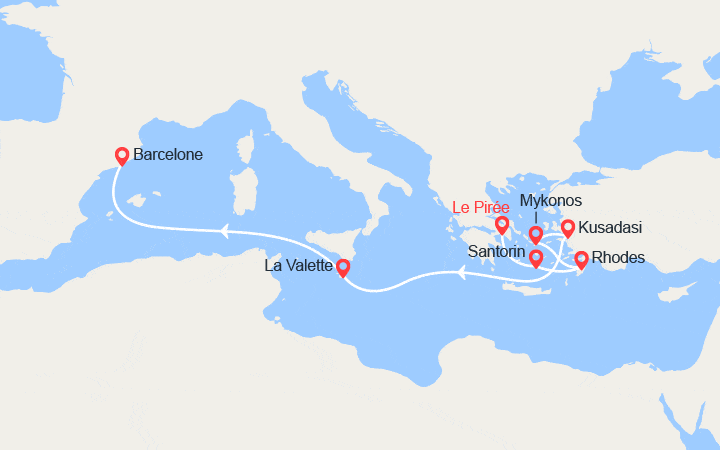 Carte itinéraire croisière Grèce, Turquie, Malte, Espagne