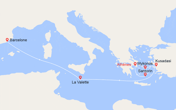 Carte itinéraire croisière Grèce, Turquie, Malte, Espagne