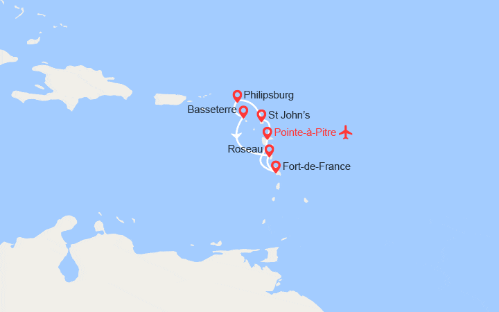 Carte itinéraire croisière Guadeloupe, Antigua, St Martin, St Kitts; Dominique - Vols inclus
