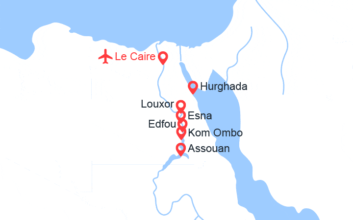 Carte itinéraire croisière Horus (Caire + croisière + 4 nuits Hurghada )