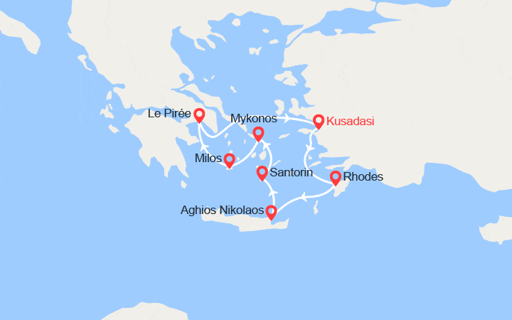 Carte itinéraire croisière Idyllique Mer Égée : Kusadasi, Rhodes, Crète, Mykonos...