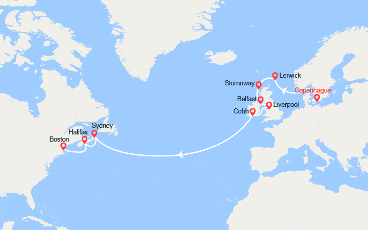 Carte itinéraire croisière Iles britanniques & Transatlantique : de Copenhague à Boston