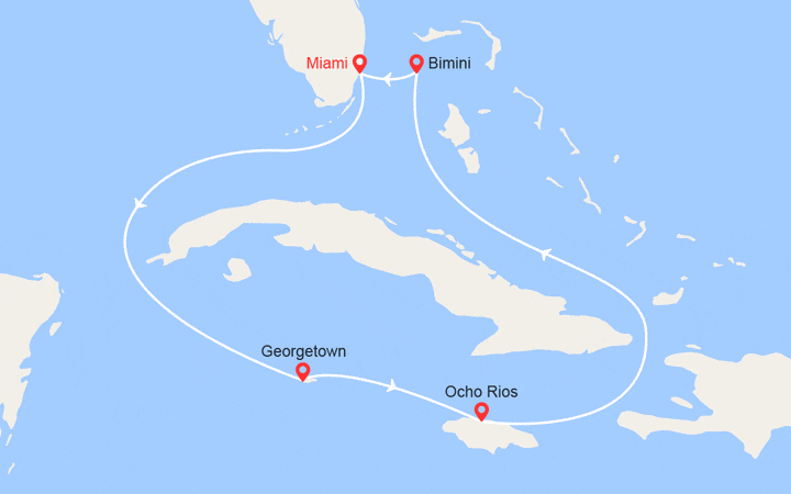 Carte itinéraire croisière Iles Caïman, Jamaïque, Bahamas