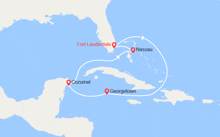 Carte itinéraire croisière Îles Caïmans, Mexique, Bahamas