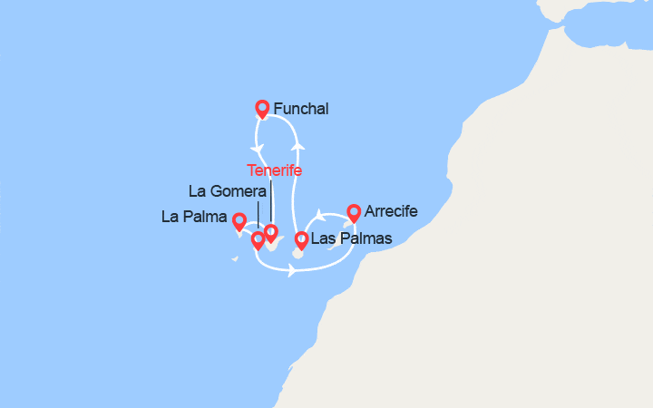 Carte itinéraire croisière Iles Canaries & Madère : Tenerife, La Palma, La Gomera, Gran Canaria...
