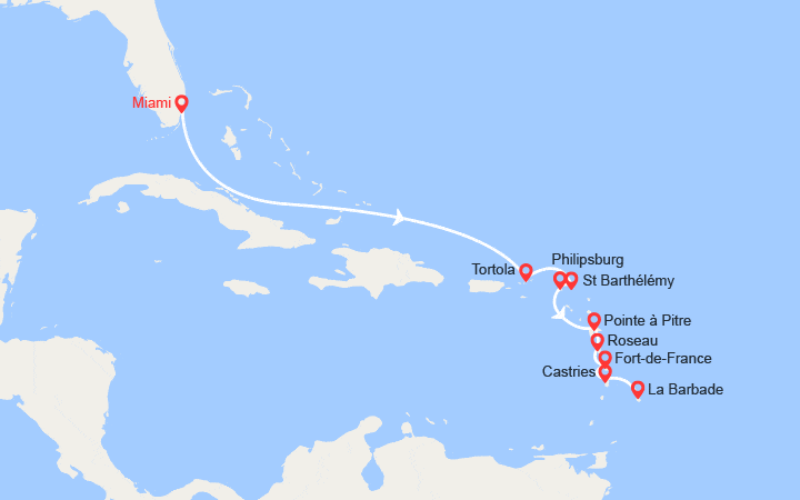Carte itinéraire croisière Îles Vierges britanniques, Saint-Barthélemy,Saint-Martin, Guadeloupe
