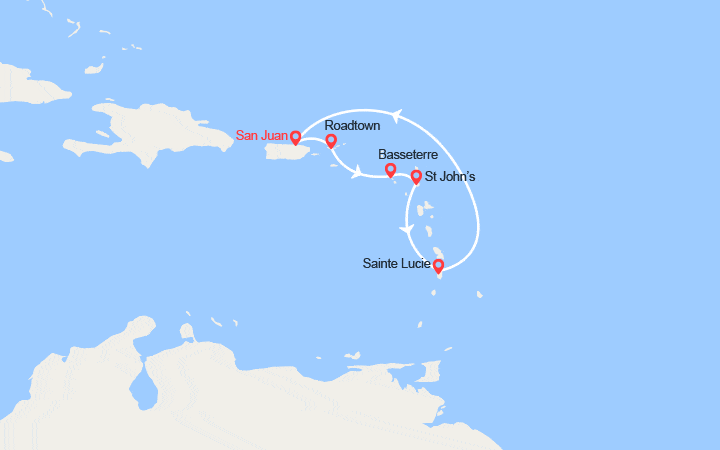 Carte itinéraire croisière Iles Vierges Britanniques, St Kitts et Nevis, Antigua, Ste Lucie