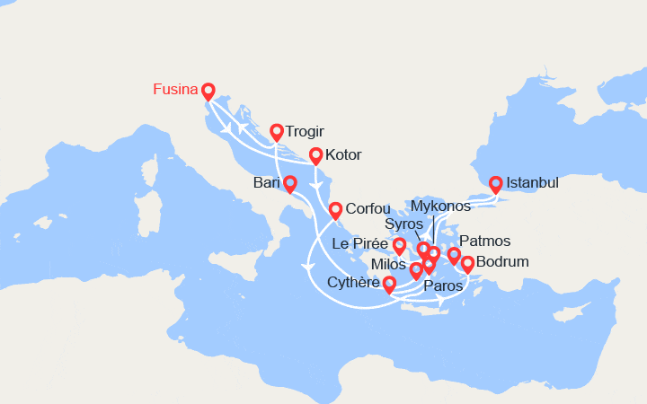 Carte itinéraire croisière Iltalie, Monténégro, Grèce, Turquie