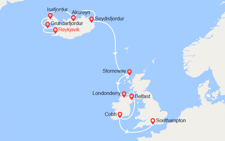 Carte itinéraire croisière Islande, Écosse, Irlande, Irlande du Nord, Angleterre