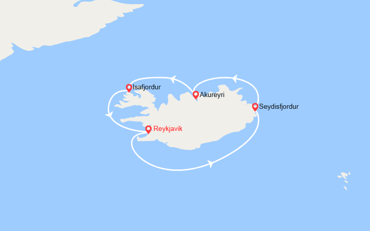 Carte itinéraire croisière Islande : Reykjavik, Akureyri, Isafjordur